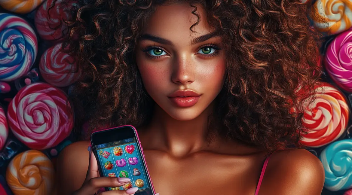 Enjoy Sweet Wins with Candy Slots at PHWW. A woman with curly hair holds a phone showing a candy-themed slot game against a backdrop of colorful lollipops, inviting you to enjoy the sweet wins at PHWW.