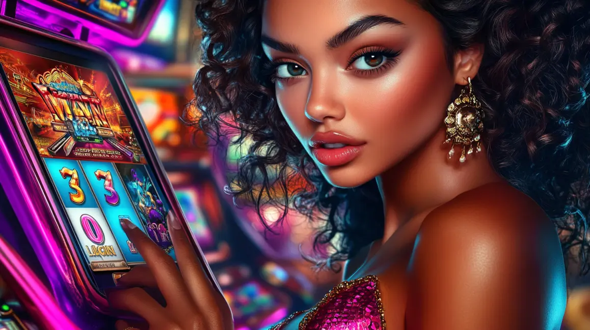 Experience the Glamour of Winning at PHWW. A beautiful woman with glowing hair and stunning jewelry plays a slot machine in a vibrant, neon-lit casino, representing the glamorous and rewarding experience at PHWW.