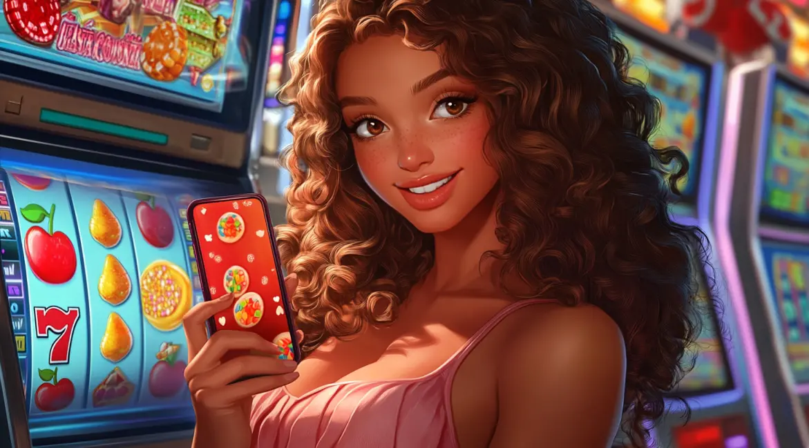 Enjoy Classic Fruit Slots on the Go with PHWW. A woman with curly hair smiles as she plays a classic fruit slot machine on her phone, showing how you can enjoy retro fun on the modern and convenient PHWW app.