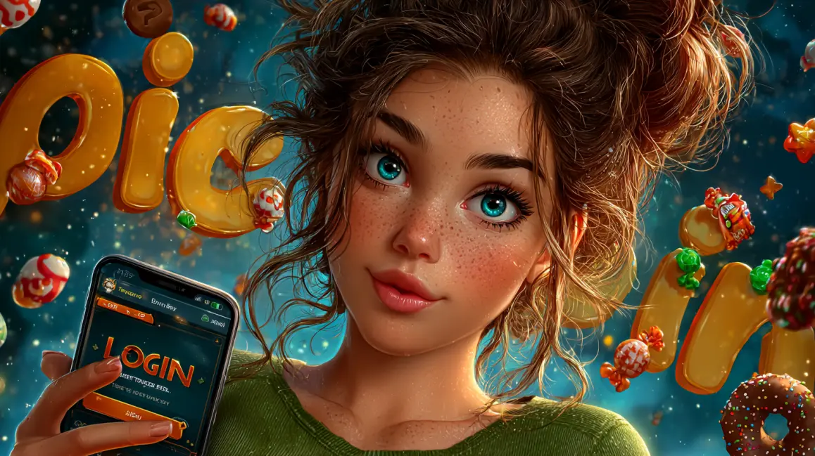 Log In for a World of Sweet Wins at PHWW. A cute animated girl holds a phone showing a candy-themed game, with the word 'LOGIN' made of candy, inviting you to a world of sweet treats and delicious wins at PHWW.