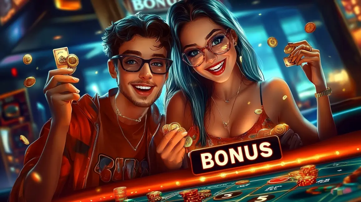 A happy couple at a poker table celebrates a win with a 'BONUS' sign, showcasing the fun and social rewards you can get when you play together at PHWW.