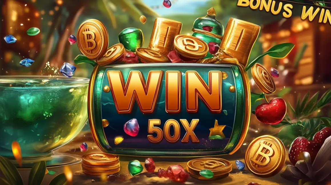 A 'WIN 50X' multiplier is shown on a slot game with a tropical theme, featuring cocktails and Bitcoins, highlighting the massive win potential with crypto at PHWW.