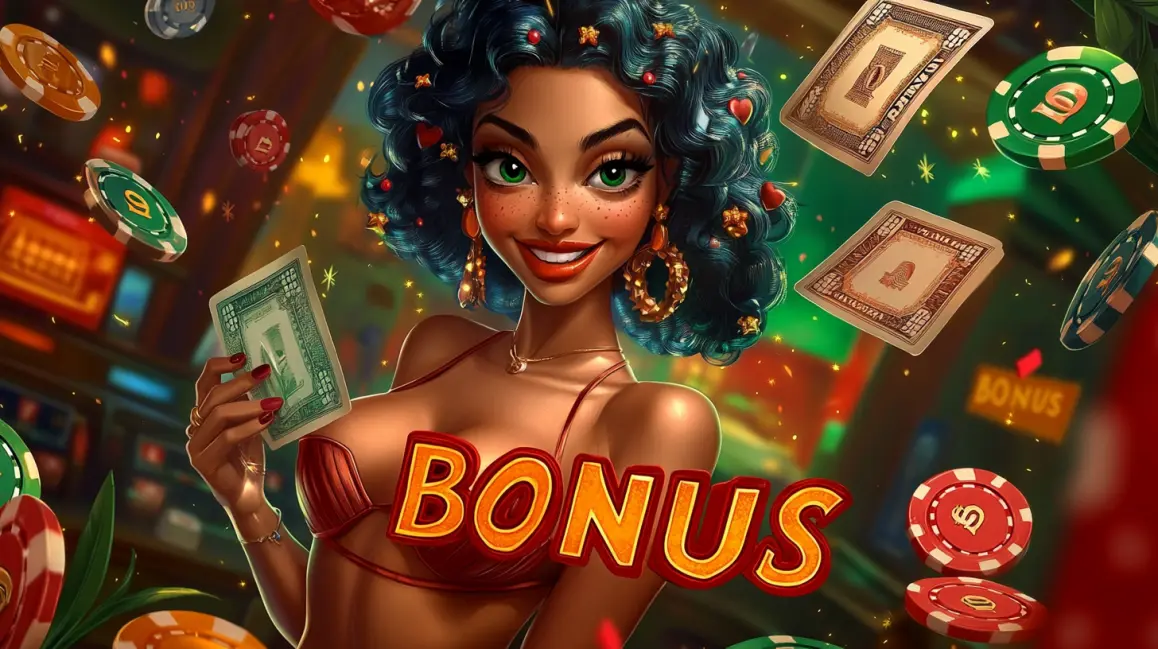 A happy woman with blue hair holds cash and chips, with a 'BONUS' sign, celebrating a big win from a generous promotion at the fun and festive PHWW casino.