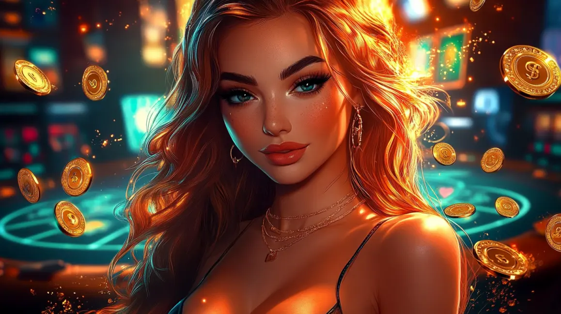 Experience the Magic of Winning at PHWW. A beautiful woman with glowing red hair is surrounded by a shower of gold coins in the vibrant PHWW casino, where magical wins and exciting jackpots are always possible.