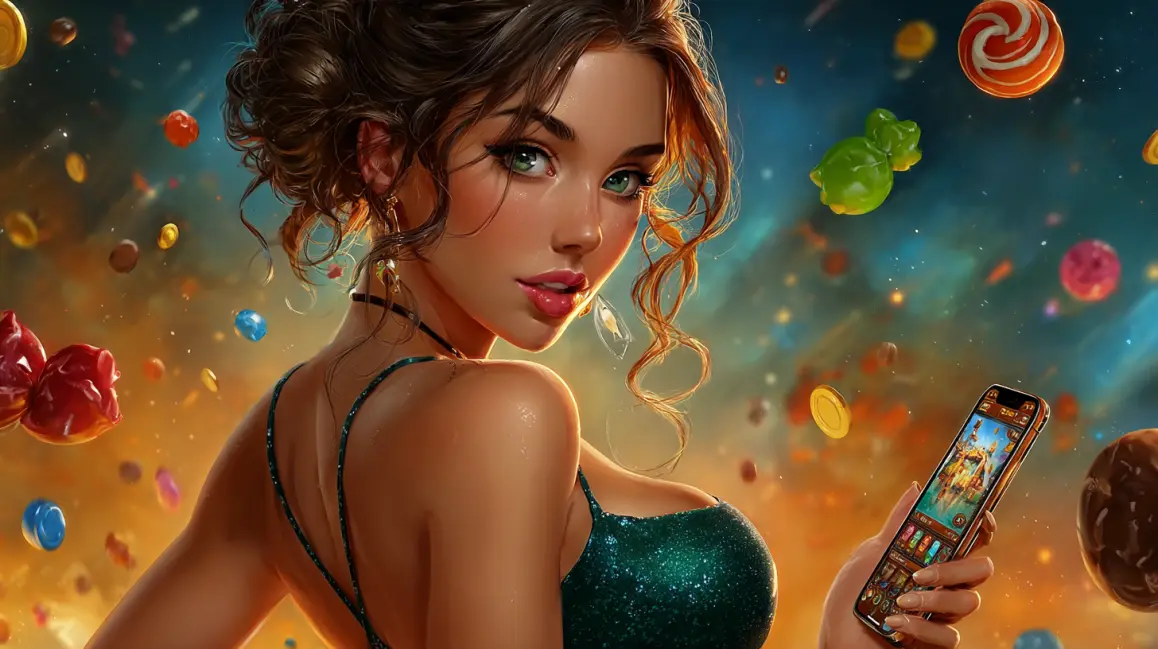 Discover a Universe of Sweet Wins at PHWW. A woman holds a phone showing a candy-themed slot game, surrounded by a cosmic swirl of sweets, inviting you to a universe of delicious wins at PHWW.
