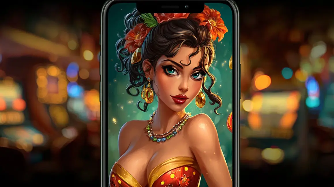 Stunning Mobile Casino Games at PHWW. A beautiful woman with flowers in her hair is featured on a mobile phone screen, inviting you to enjoy the stunning graphics and immersive games at the PHWW casino.