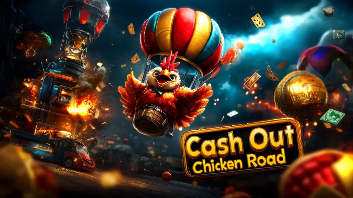 Cash Out Big in Chicken Road at PHWW! A chicken in a hot air balloon flies over an explosive scene in the 'Cash Out Chicken Road' game, a thrilling and fun adventure with big cash-out potential at PHWW.