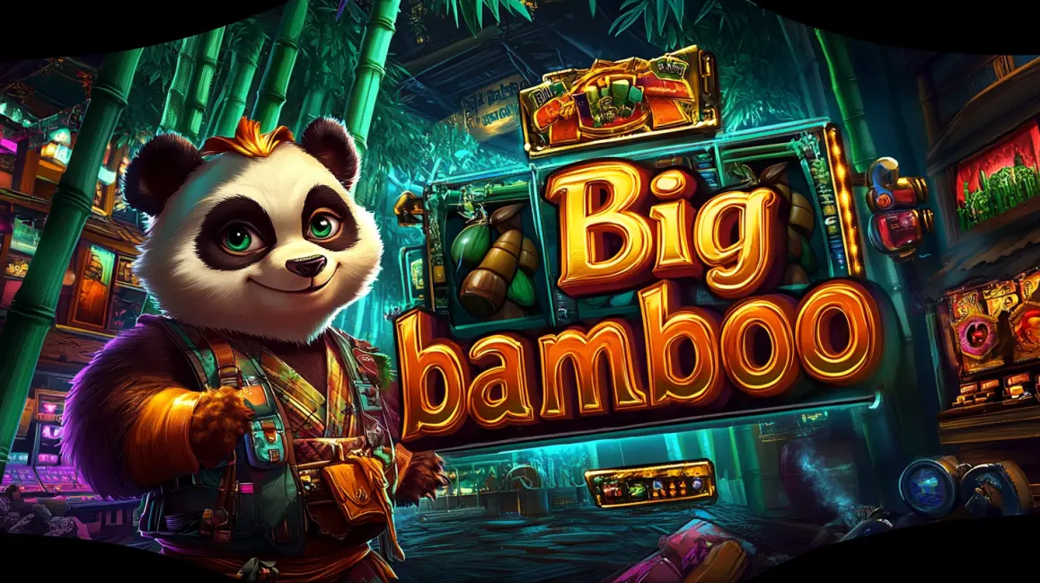 Play the Popular Big Bamboo Slot at PHWW. A cute red panda in a stylish jacket stands next to the 'Big Bamboo' slot machine, one of the most popular and rewarding animal-themed games you can play at PHWW.