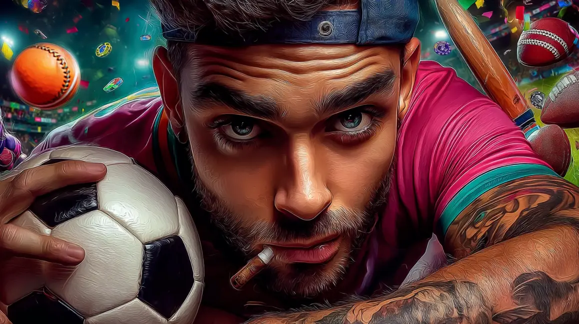 Experience the Intense World of Betting at PHWW. A man with a cigarette and a soccer ball is surrounded by casino and sports elements, representing the gritty, intense, and rewarding world of betting at PHWW.