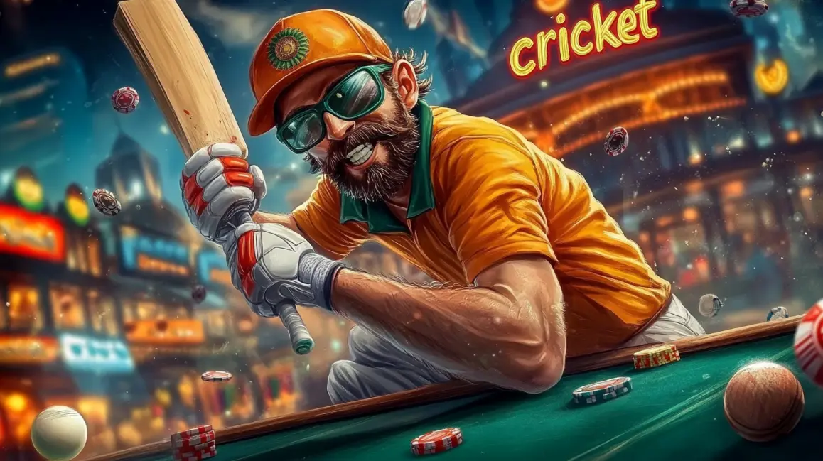 Fun and Animated Cricket Betting at PHWW. A cartoon cricket player in a vibrant city hits a ball, representing the fun and animated style of sports-themed games and betting available at PHWW.