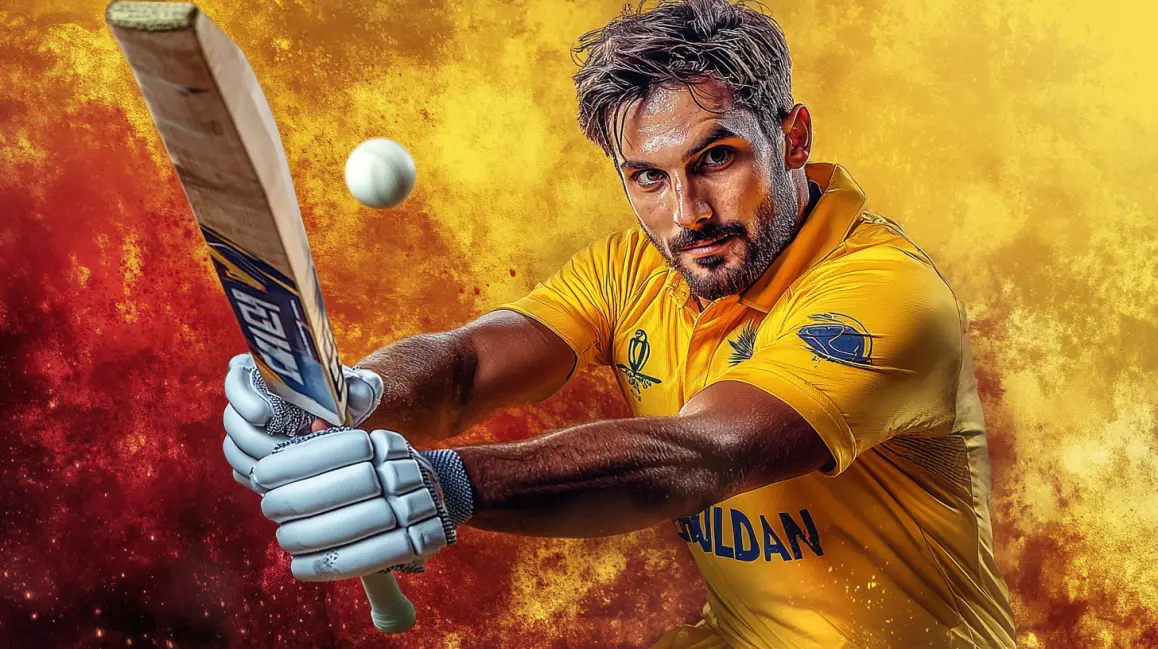 Bet on Dynamic Cricket Action at PHWW. A professional cricket player in a yellow jersey takes a powerful swing, capturing the dynamic action and big betting opportunities you can find at PHWW.