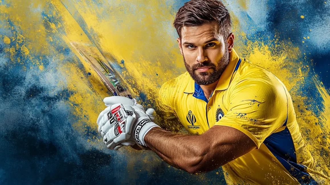 Experience High-Impact Cricket Betting at PHWW. A cricket player in a yellow jersey is ready to bat, with a blue and yellow explosive background, symbolizing the high-impact action you can bet on with PHWW.