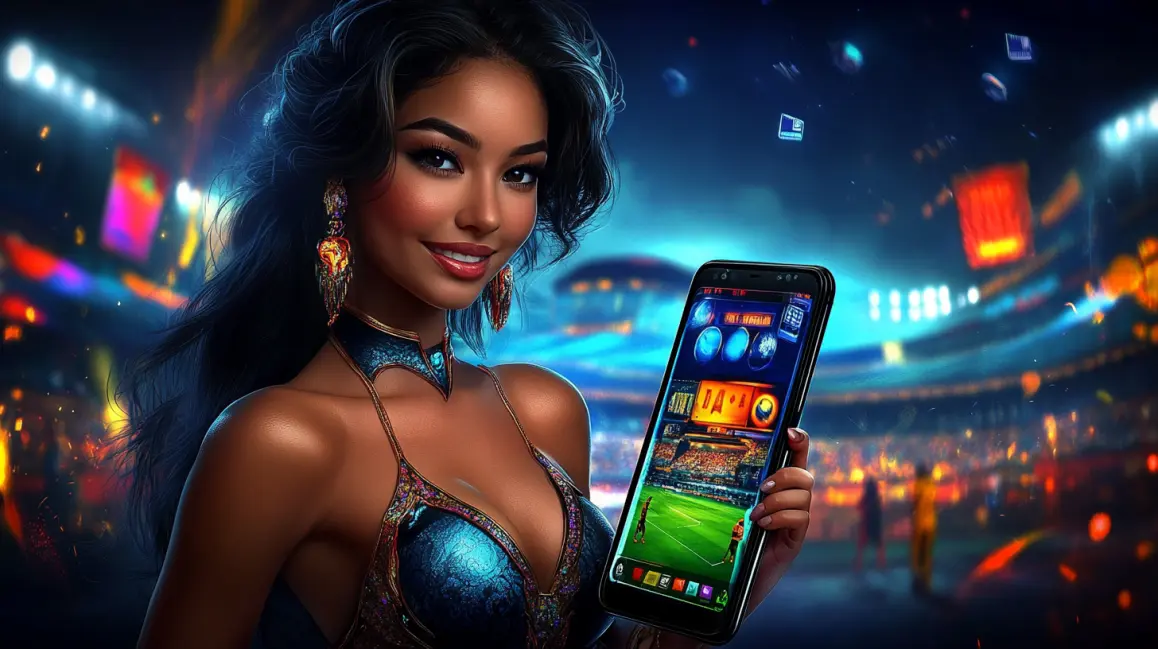 All-in-One Entertainment with the PHWW App. A glamorous woman in a stadium holds a phone showing the PHWW app, which offers a variety of sports betting and casino games for an all-in-one entertainment experience.