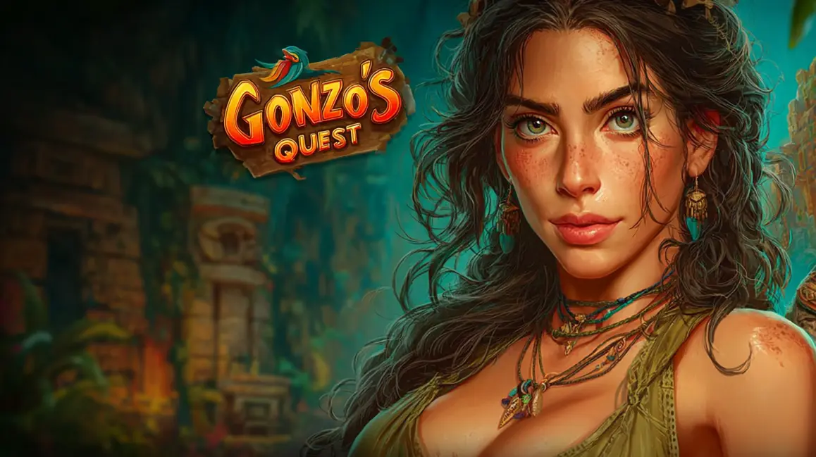 An adventurer from the 'Gonzo's Quest' slot game is featured next to a beautiful woman, inviting you to join the quest for El Dorado and find hidden treasures at PHWW.