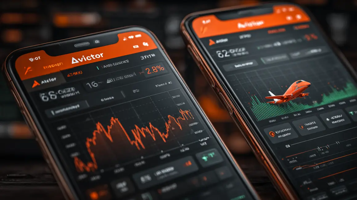 Two phones display the 'Avictor' app, showing a financial chart and a plane, representing the strategic and rewarding nature of playing crash games at PHWW.