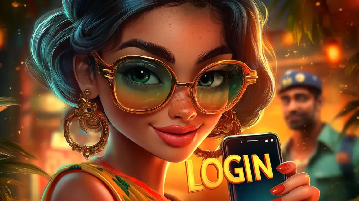 A stylish woman in sunglasses holds a phone with a 'LOGIN' button, inviting you to sign in to your PHWW account for a fun and rewarding tropical gaming session.