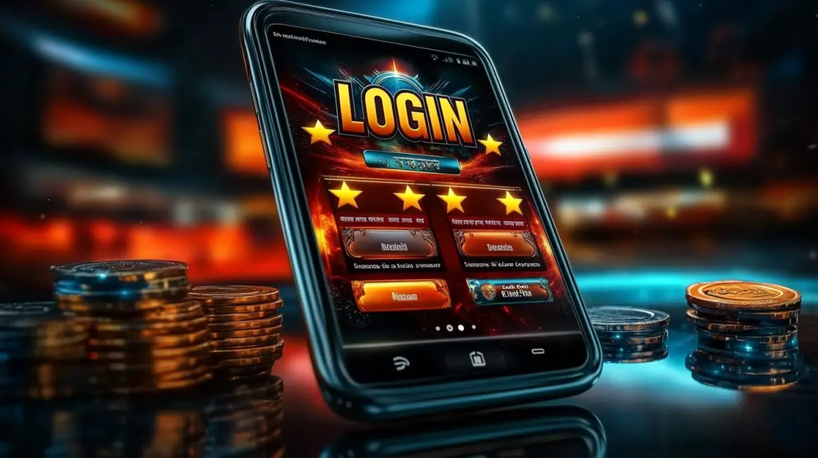 A phone with a fiery 'LOGIN' screen is set against a backdrop of gold coins, inviting you to sign in to the high-octane world of gaming and betting at PHWW.