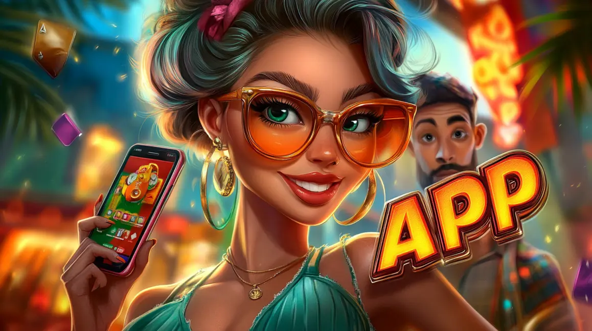 Download the PHWW App for a Vibrant Experience. A stylish woman holds a phone with a fun slot game, with the word 'APP' in large letters, inviting you to download the PHWW app for a vibrant gaming experience.