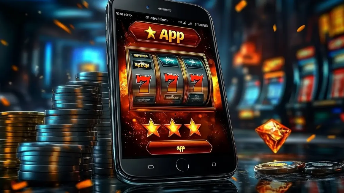 Download the PHWW App for Fiery Jackpots. A smartphone displays a fiery 777 jackpot on a slot game from the PHWW 'App', sitting on a table with gold coins, promising hot wins and exciting gameplay.